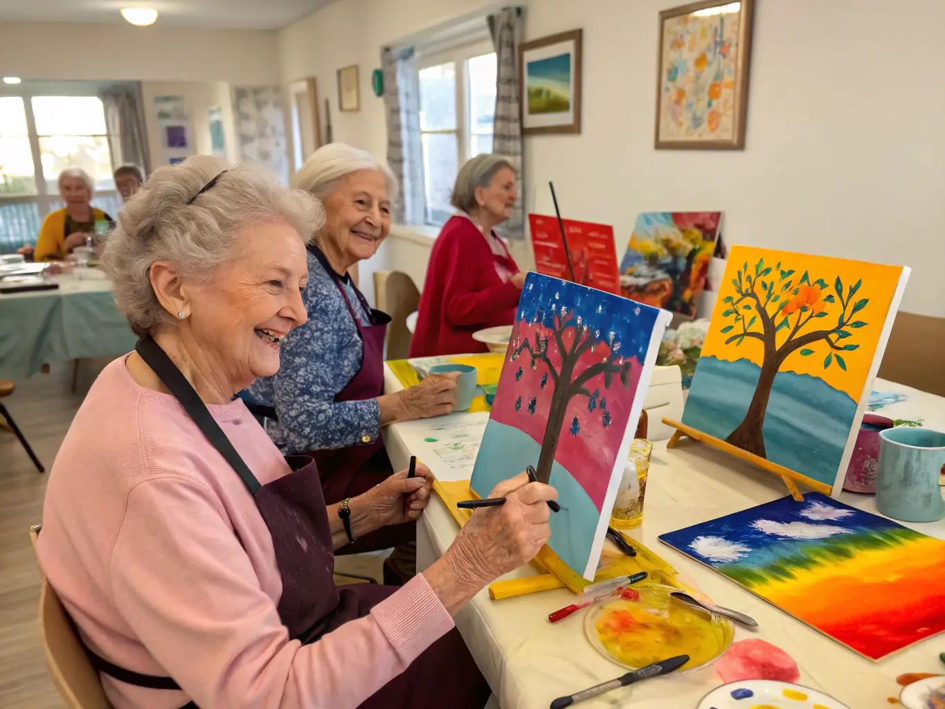 Seniors painting vibrant landscapes during an art class, demonstrating the creative and cultural activities available at CLUB DE LA BONNE HUMEUR.