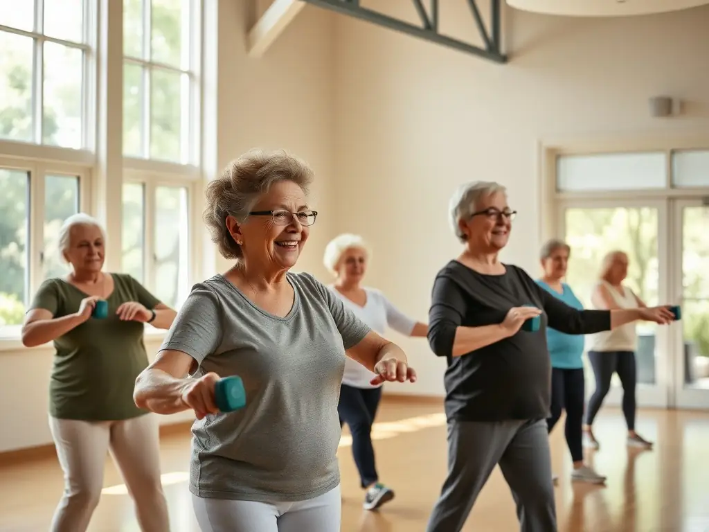 Seniors participating in a gentle exercise class, led by an instructor, emphasizing the importance of physical activity and well-being at CLUB DE LA BONNE HUMEUR.