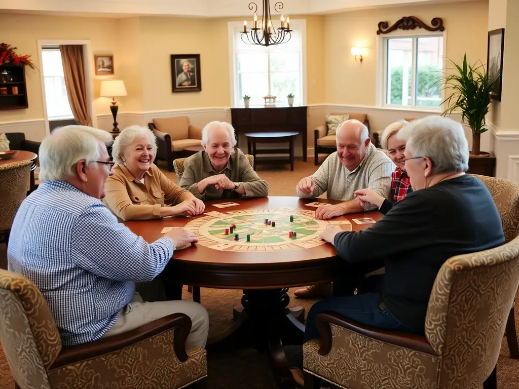 Seniors laughing and interacting during a board game session. The setting is a cozy and inviting common area within the senior center, with comfortable seating and warm lighting.