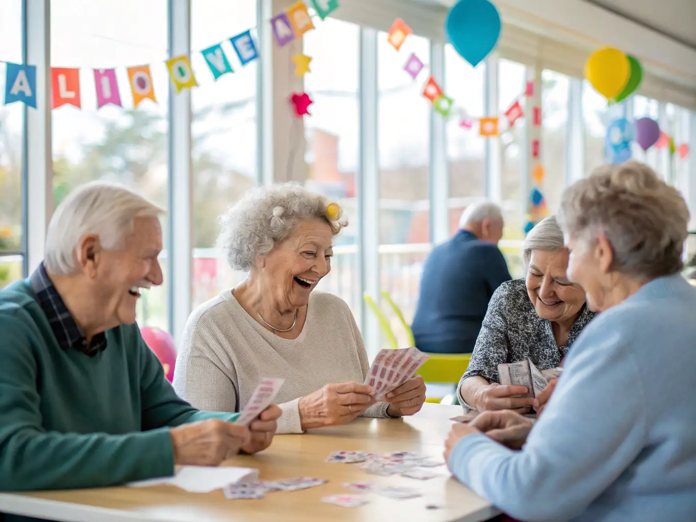 A group of seniors laughing and chatting while playing cards at a table in a brightly lit community center, symbolizing social engagement and camaraderie.