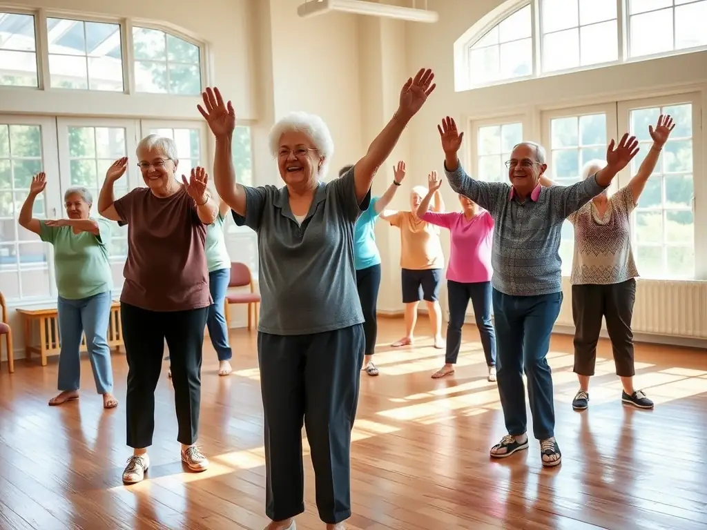 A group of seniors participating in a gentle exercise class, led by an instructor. The setting is a spacious and well-equipped fitness room within the senior center, with natural light and exercise mats.