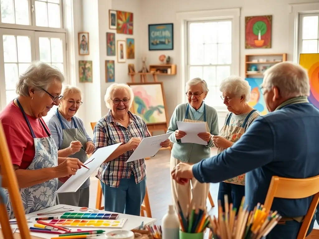 A group of seniors happily participating in a painting class, showcasing their artwork with smiles. The scene is bright and colorful, set in a well-lit art studio within the senior center.
