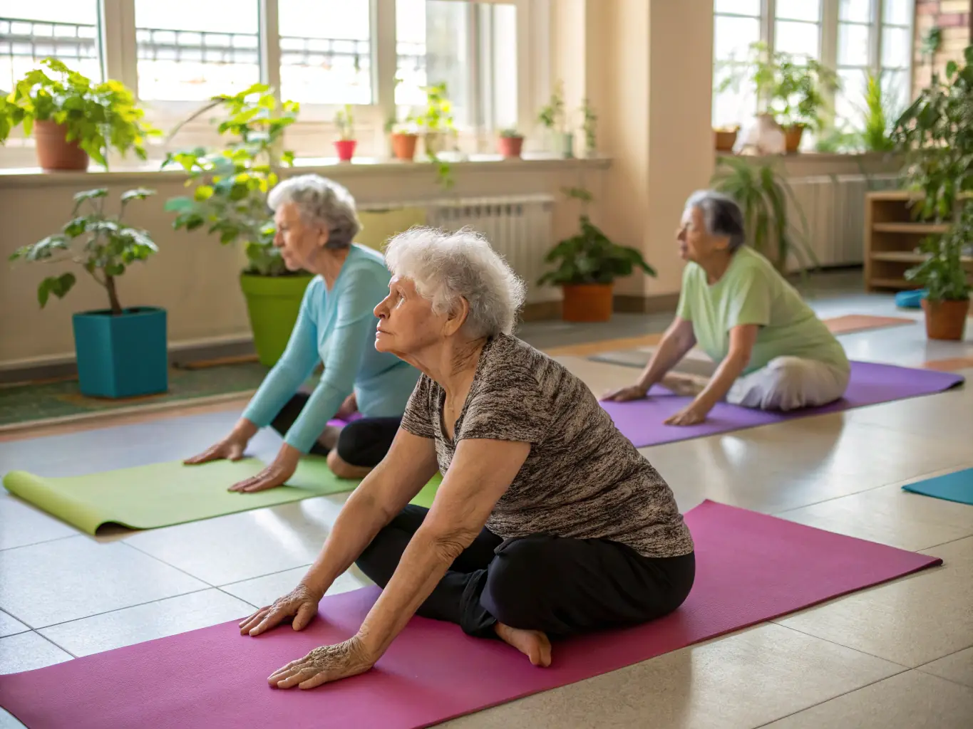 Seniors participating in a gentle exercise class, such as chair yoga or tai chi, in a spacious room with natural light, emphasizing physical well-being and active aging.
