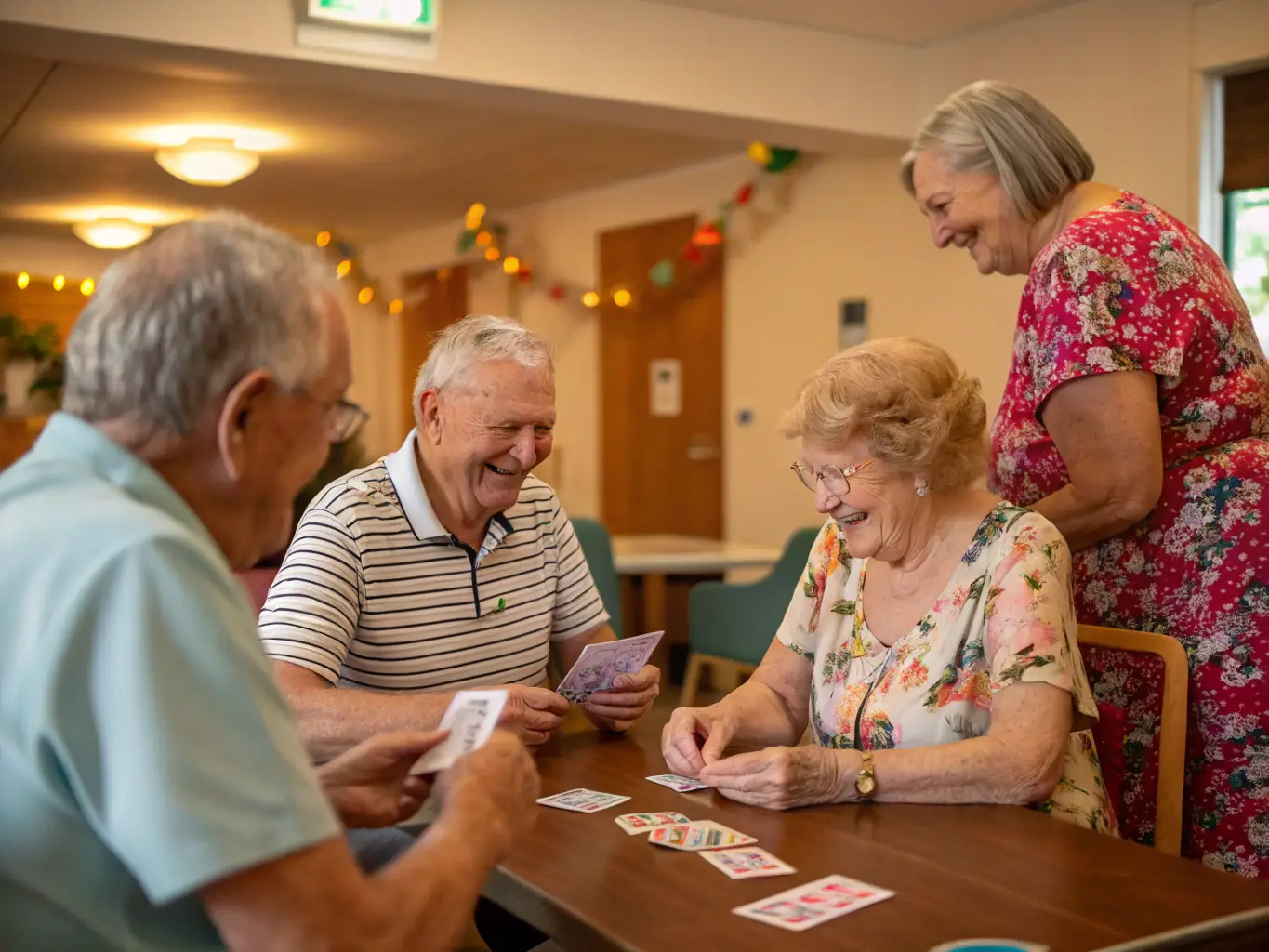A group of seniors laughing and chatting while playing cards at a table in a brightly lit room, showcasing the social interaction and fun during a recreational activity at CLUB DE LA BONNE HUMEUR.
